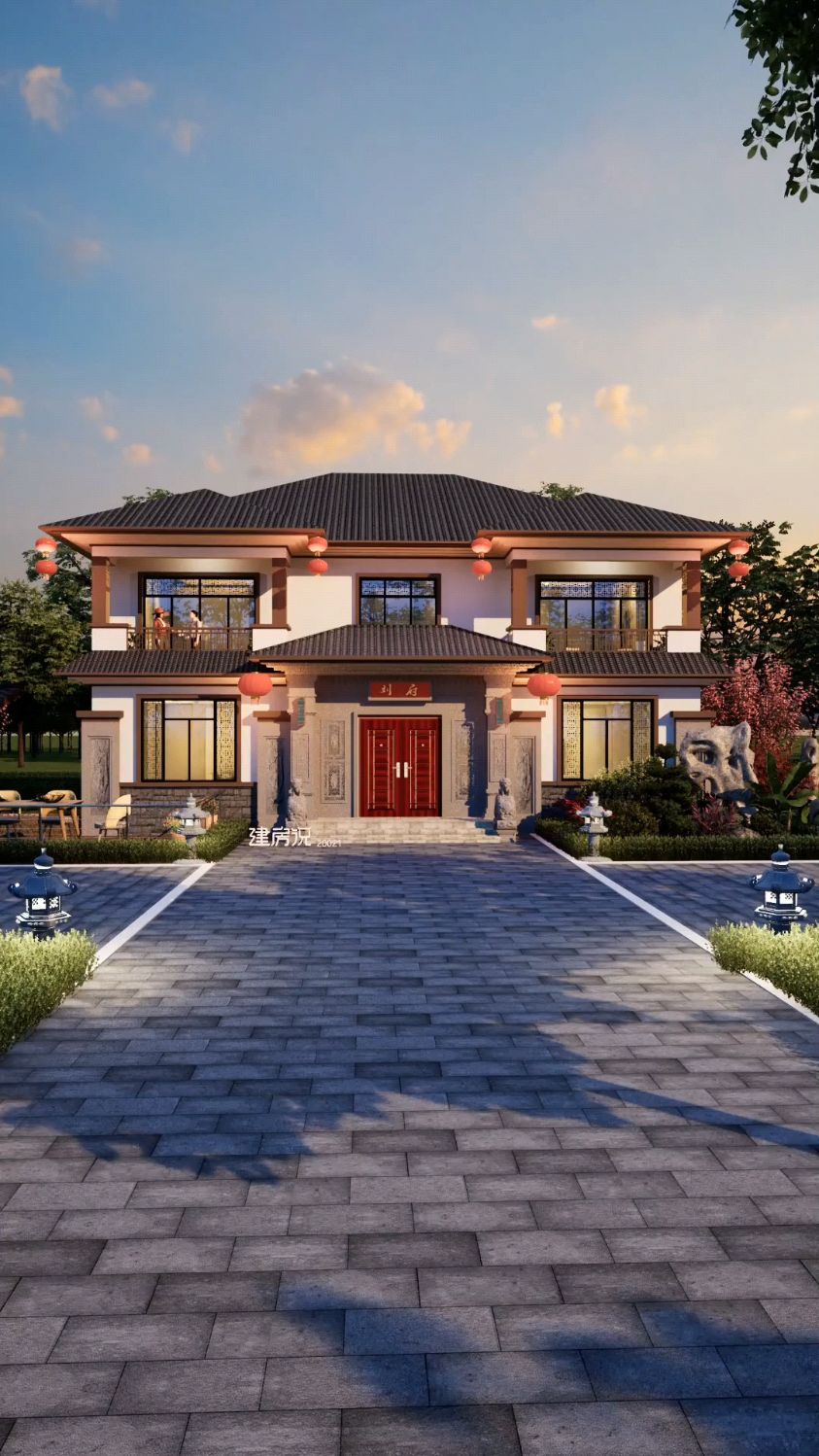 占地200平二层新中式农村自建房别墅设计