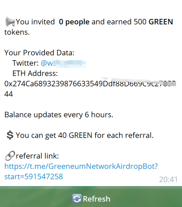 GreeneumNetwork：电报任务空投500个GREEN令牌价值5美元，推荐1人奖40个令牌