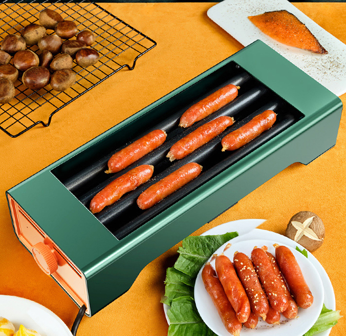 梦创烤肠机,采用不锈钢滚轴,360°均匀烘烤,不焦肠干净又卫生