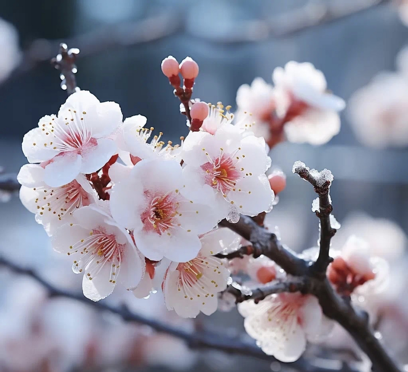 冬天的第一张照片# 在冬日的雪地上,梅花如火如荼地盛开,花瓣如雪.