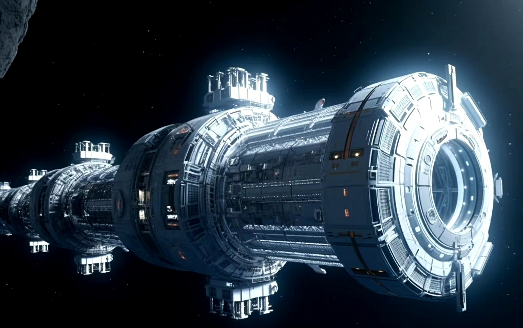 ai创作:一组未来空间站的概念图,大部分都具有可旋转的人工重力环形