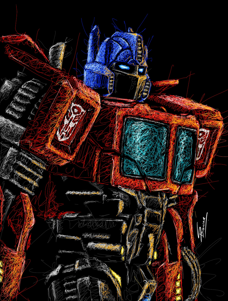 一组变形金刚绘画作品欣赏,展现了不同风格的擎天柱大哥,红蓝配色永远
