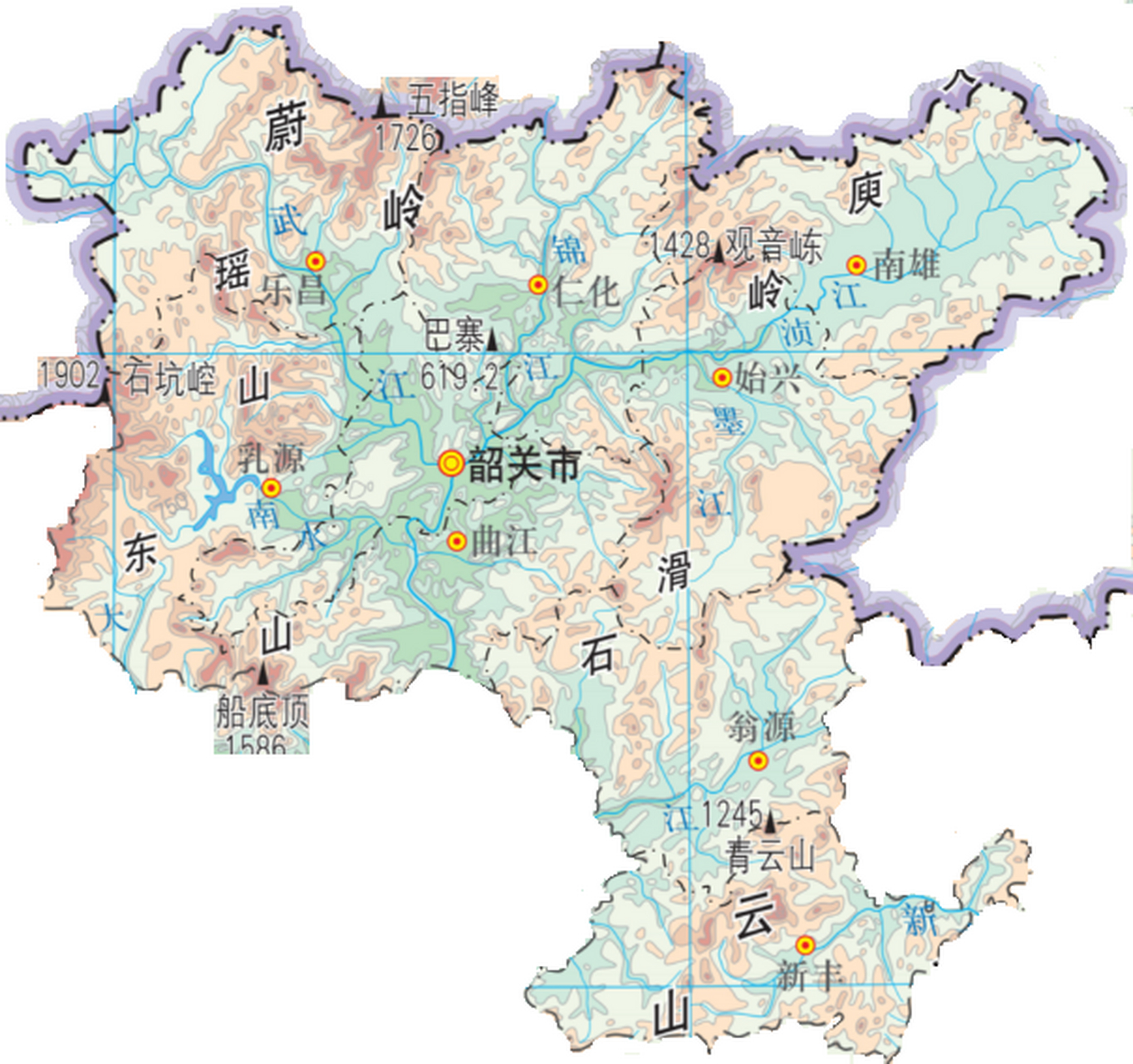 位于粤北山区里面的韶关市,看韶关地形图基本都是莽莽群山,市区与县城