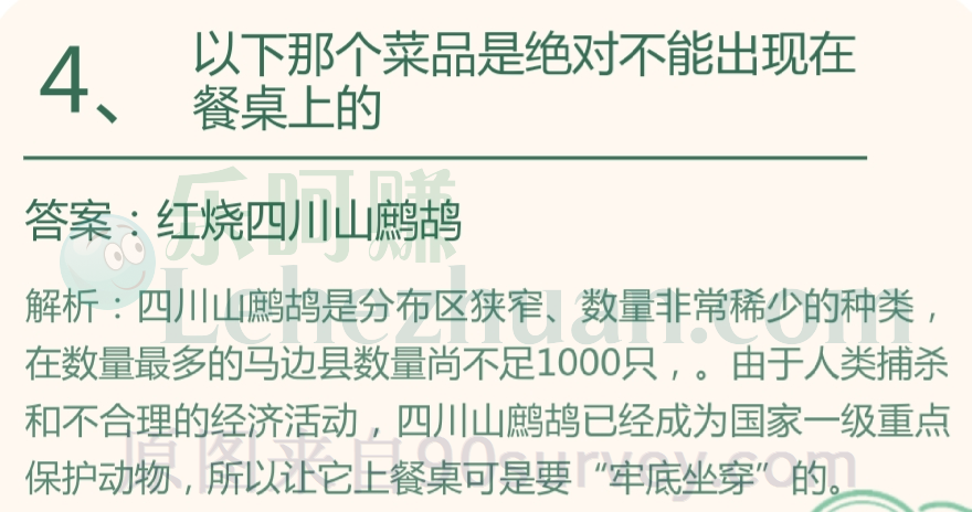 以下那个菜品是绝对不能出现在餐桌上的?答案:红烧四川山鹧鸪 以下那个菜品是绝对不能出现在餐桌上的?答案:红烧四川山鹧鸪
