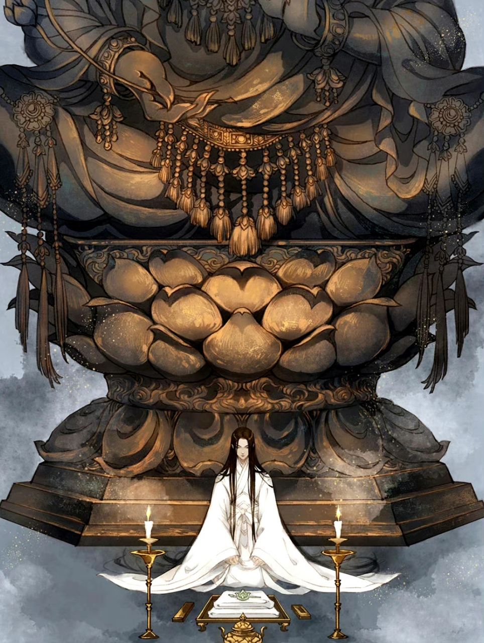 古戈力老师古风插画作品欣赏,红装半面与古佛.