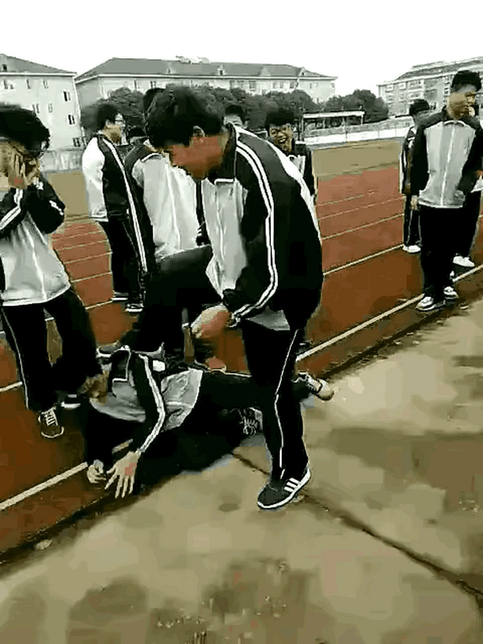 这么高大壮的男孩对一个又矮又瘦的男孩拳打脚踢