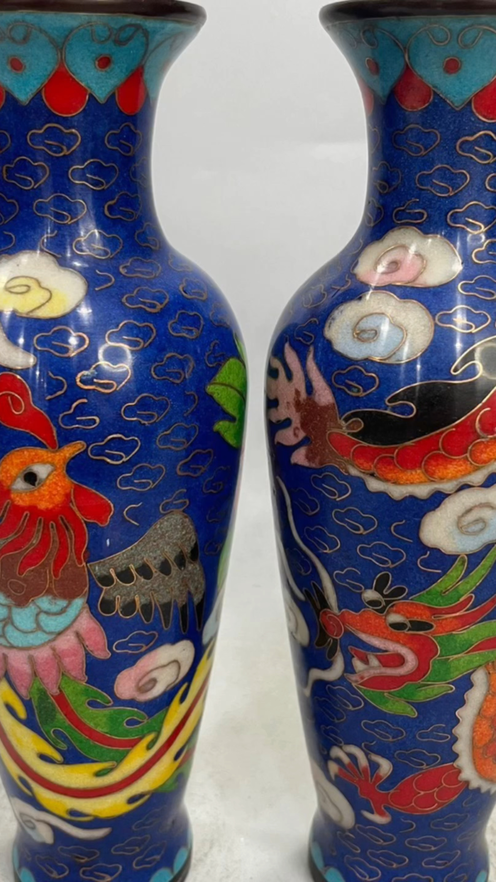 古董古玩铜胎手工掐丝珐琅景泰蓝(大口龙凤梅瓶一对)