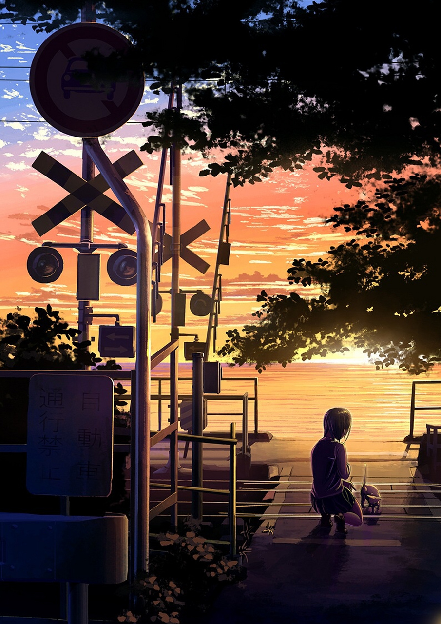 夕阳下的铁路口#二次元#  画师:たけやん