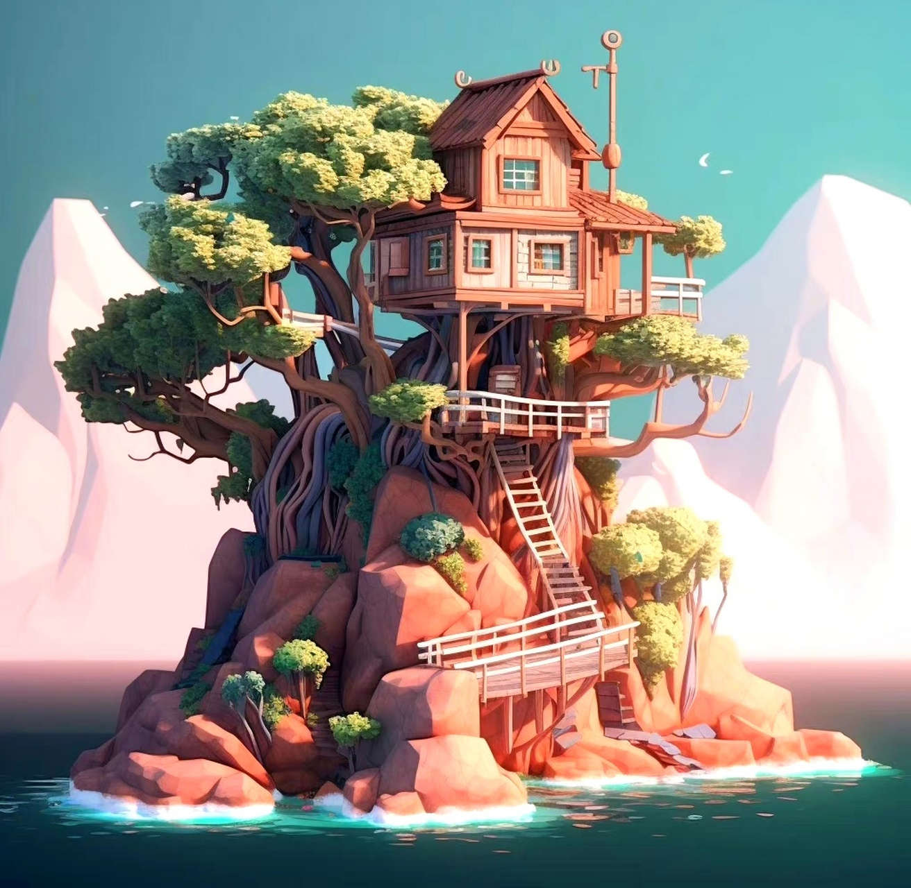 一组带有梦幻色彩树屋,是想象中的样子,by midjourney.