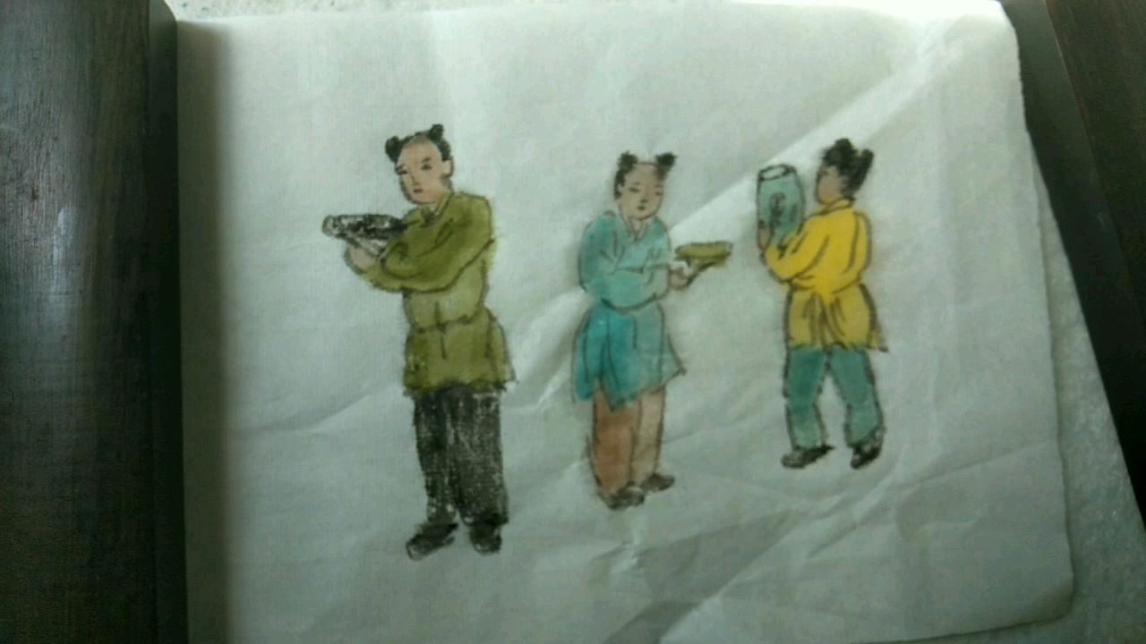山水画技法入门239,捧砚台端盘子抱瓶子的点景人物画法