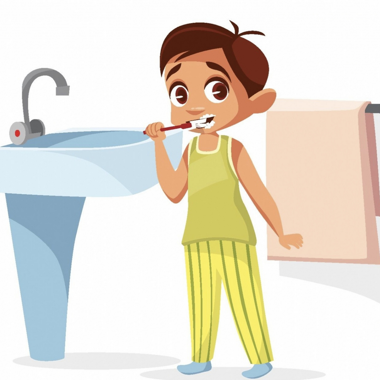 我说早晨起床,应该刷牙,洗脸,吃饭,儿子却认为应该洗脸,吃饭,刷牙