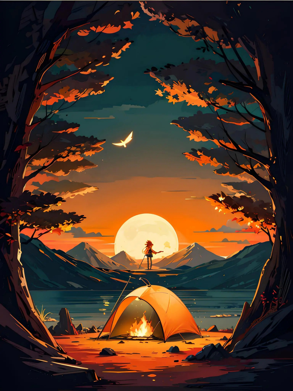 插画欣赏——夕阳下的篝火晚会  #插画