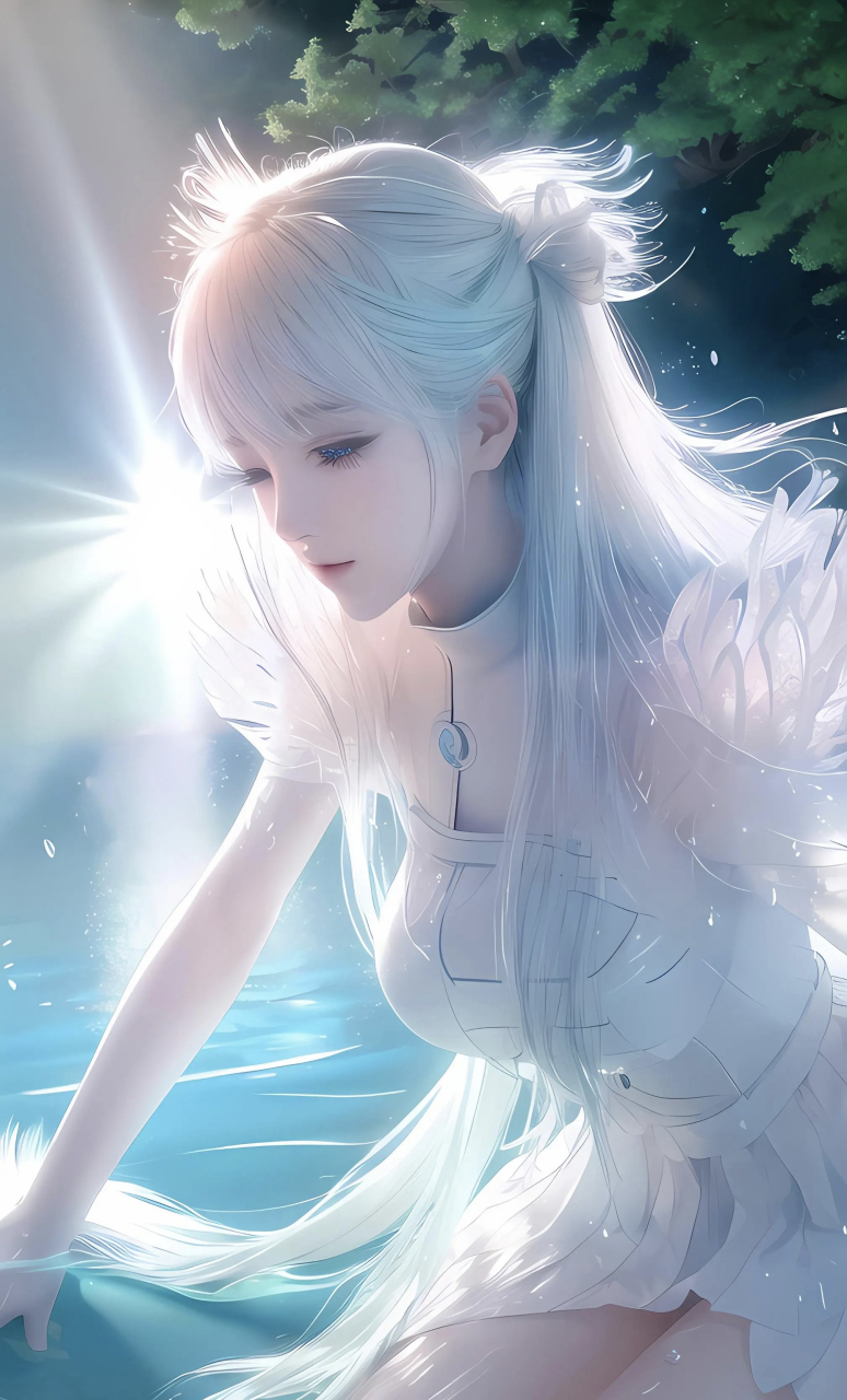 白发白衣白裙的美少女