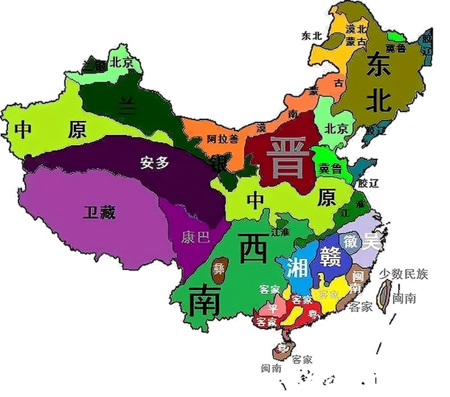 中国地区方言划分图(简略版)
