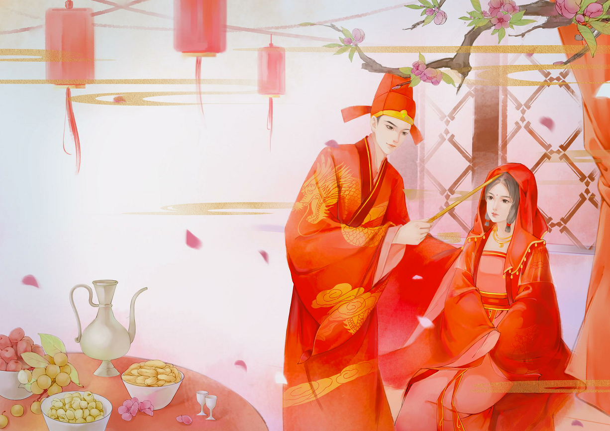 画婚俗归宁插画古代洞房花烛图片婚俗文创设计洞房花烛挑盖头古代结婚