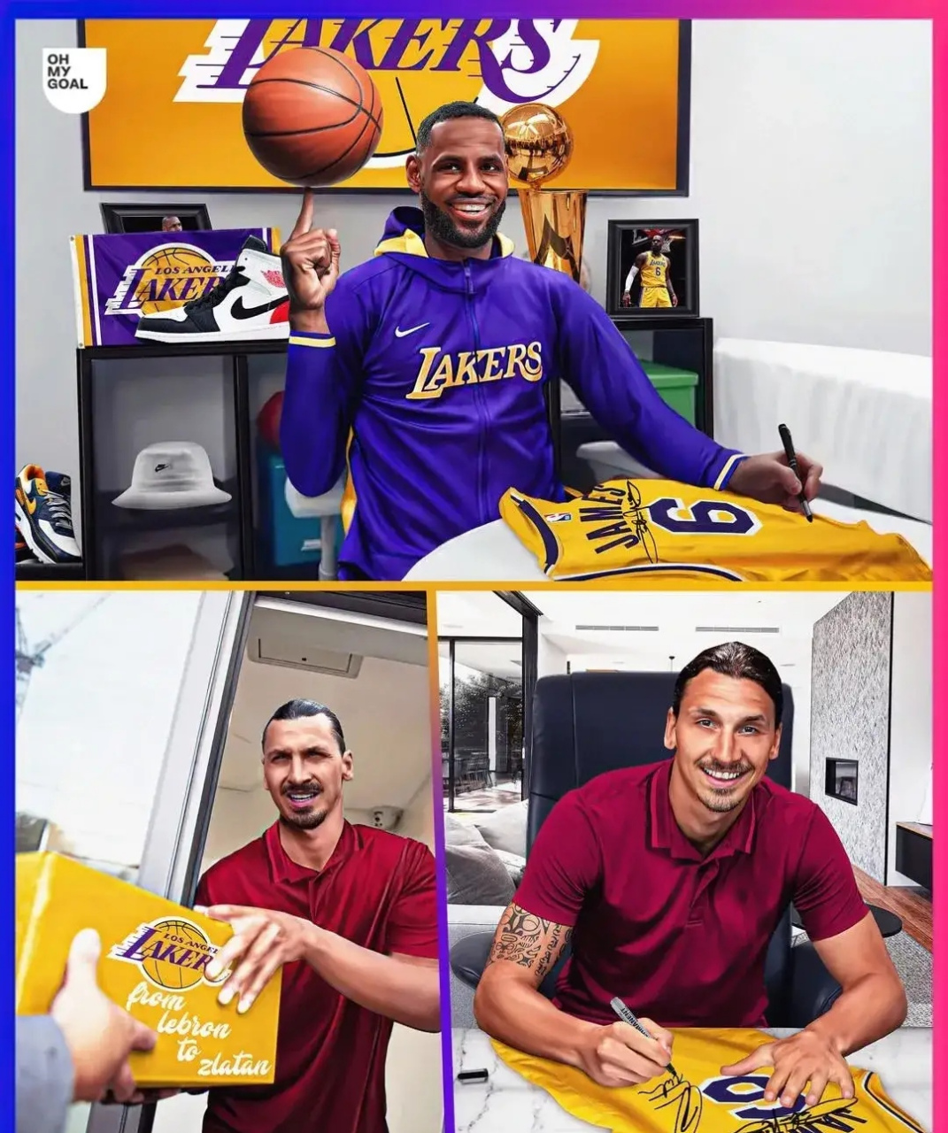 nba巨星詹姆斯将一件自己签名的湖人队球衣送给了伊布拉希莫维奇作为