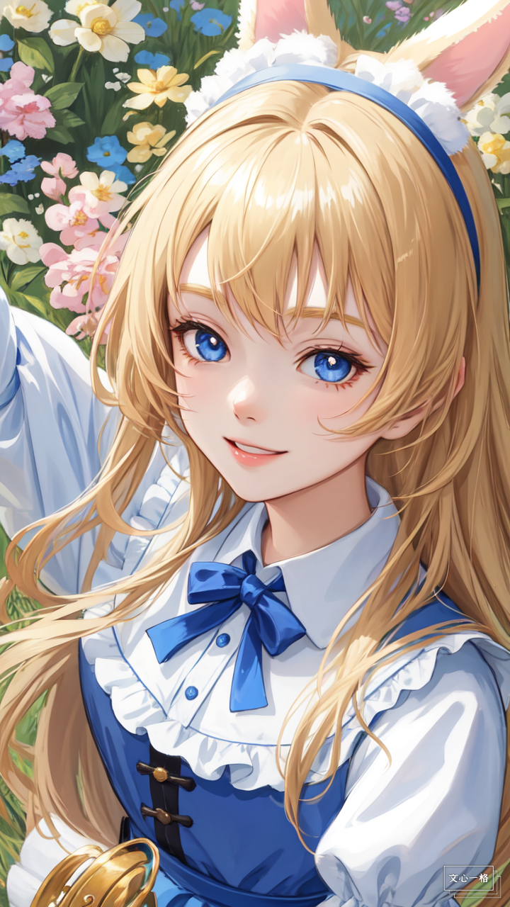 二次元,爱丽丝,金色头发,蓝色裙子,兔耳朵少女,爱丽丝梦游仙境,童话