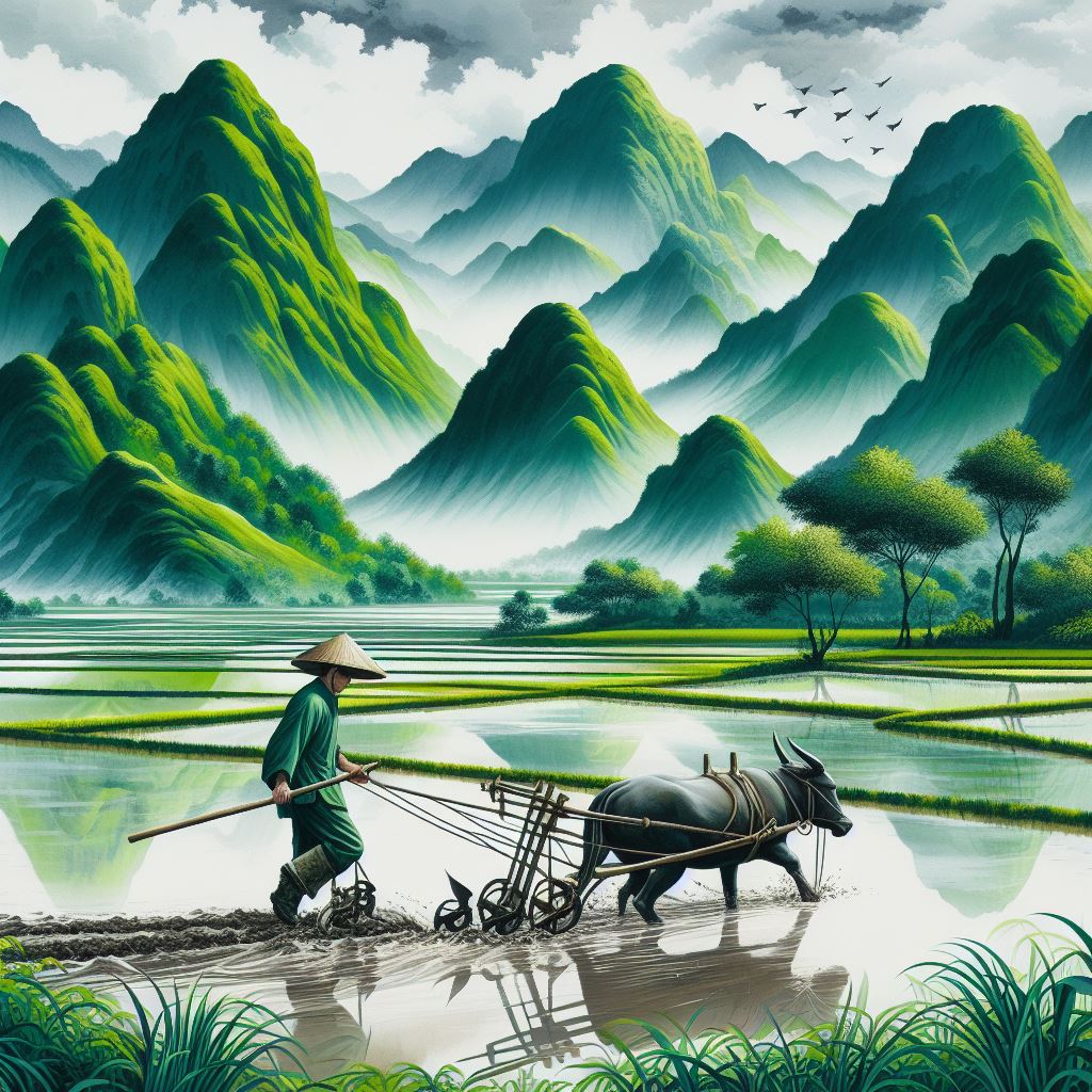 耕作青山绿水,水墨山水画中的农夫耕田景象