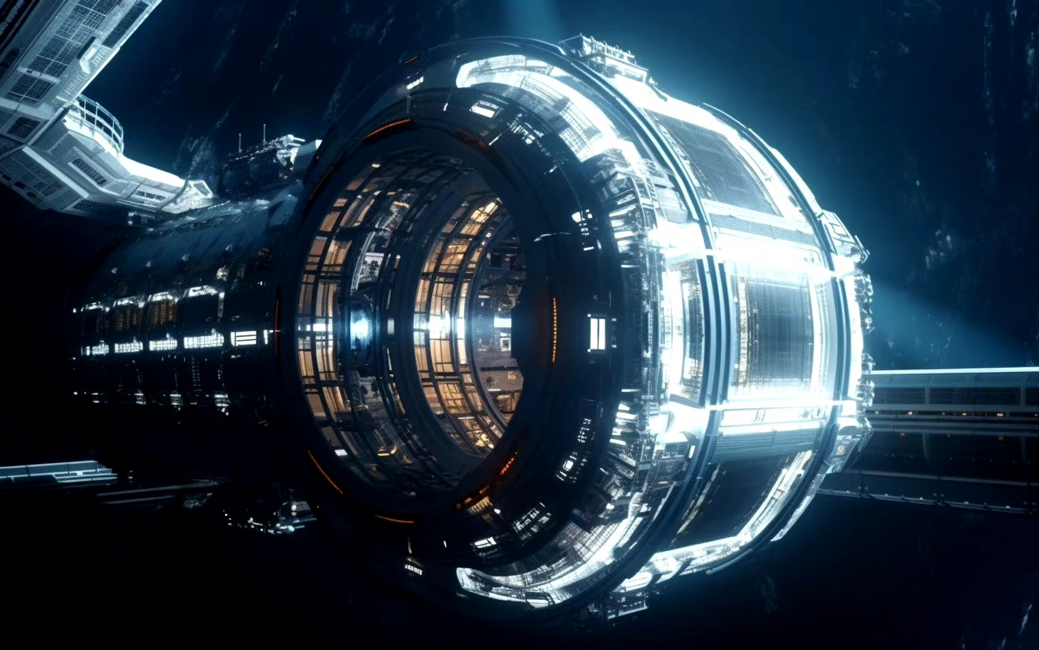 ai创作:一组未来空间站的概念图,大部分都具有可旋转的人工重力环形