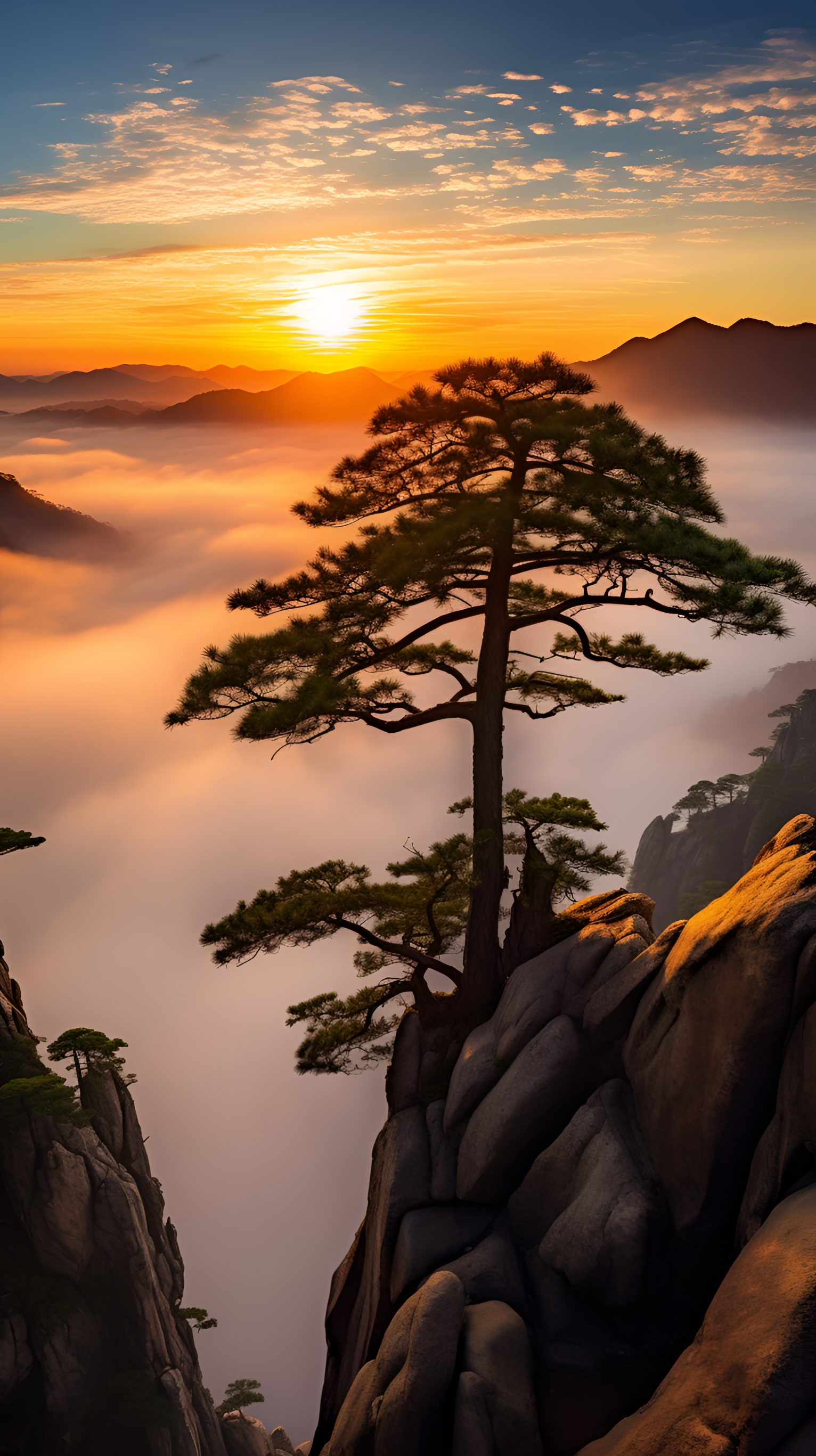 黄山上的壮丽自然景观,苍松,云海中的仙鹤和朝阳