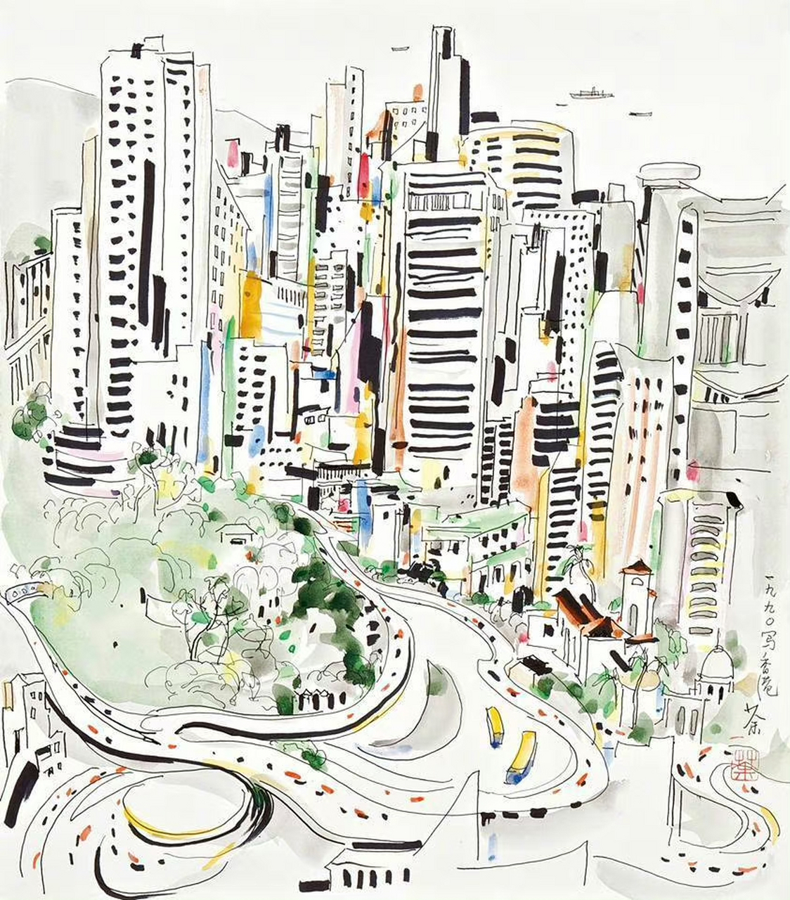 吴冠中在香港的写生作品,点线面的运用发挥到了极致,笔下满是流露出