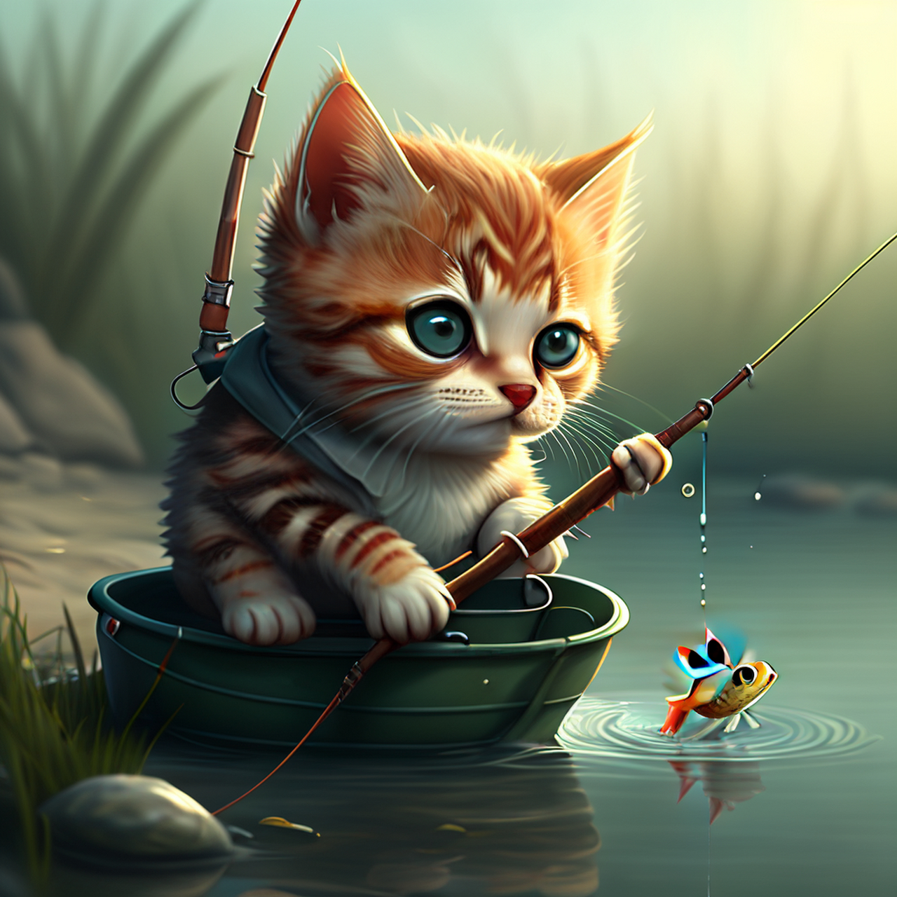 文心一格画作:小猫钓鱼