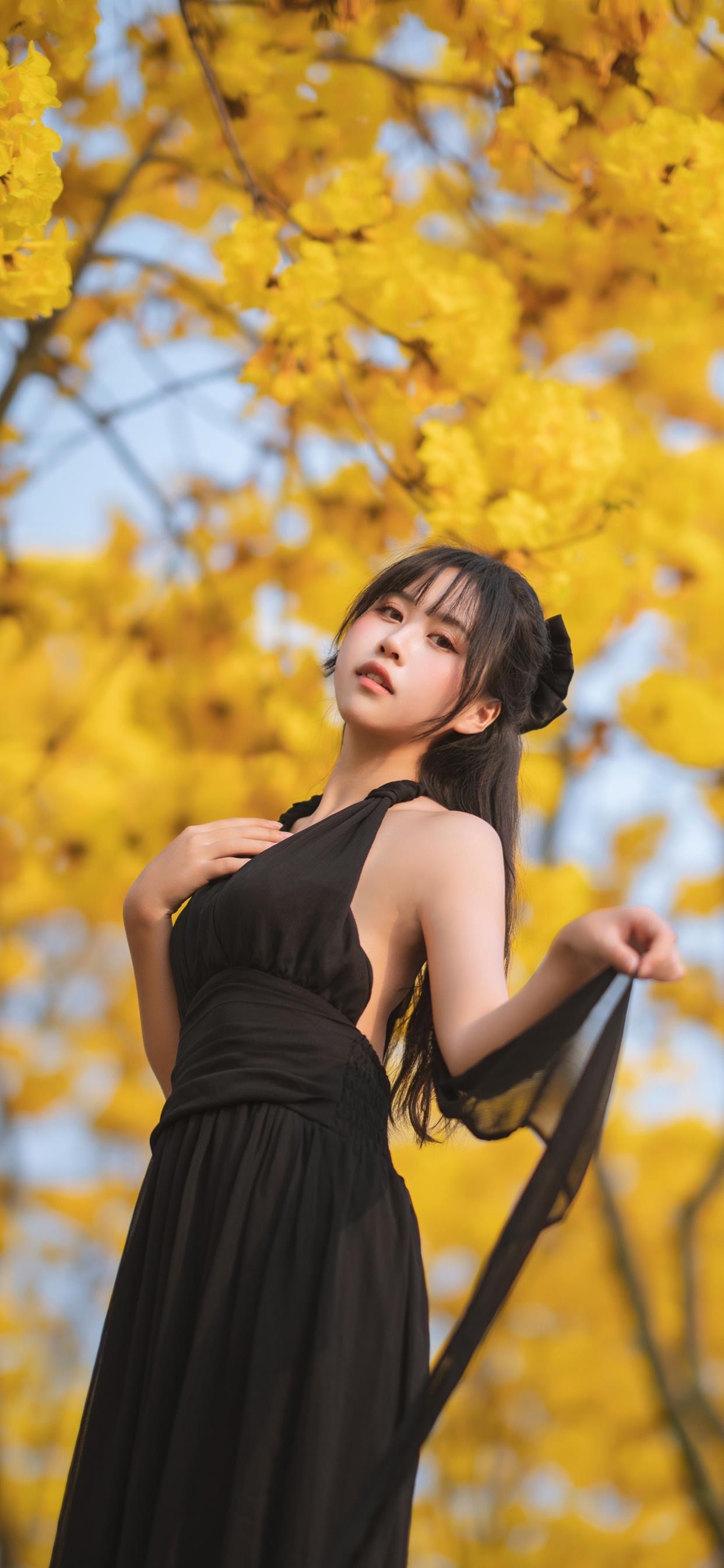 超清美女手机壁纸:轻纱黑丝连衣裙美少女,身材凸显好漂亮