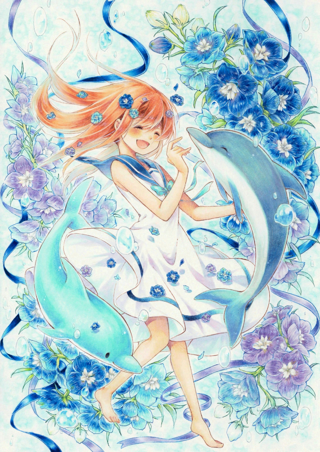 与海豚一起嬉戏的日子,是最难忘的时候,用插画记录下了每个瞬间