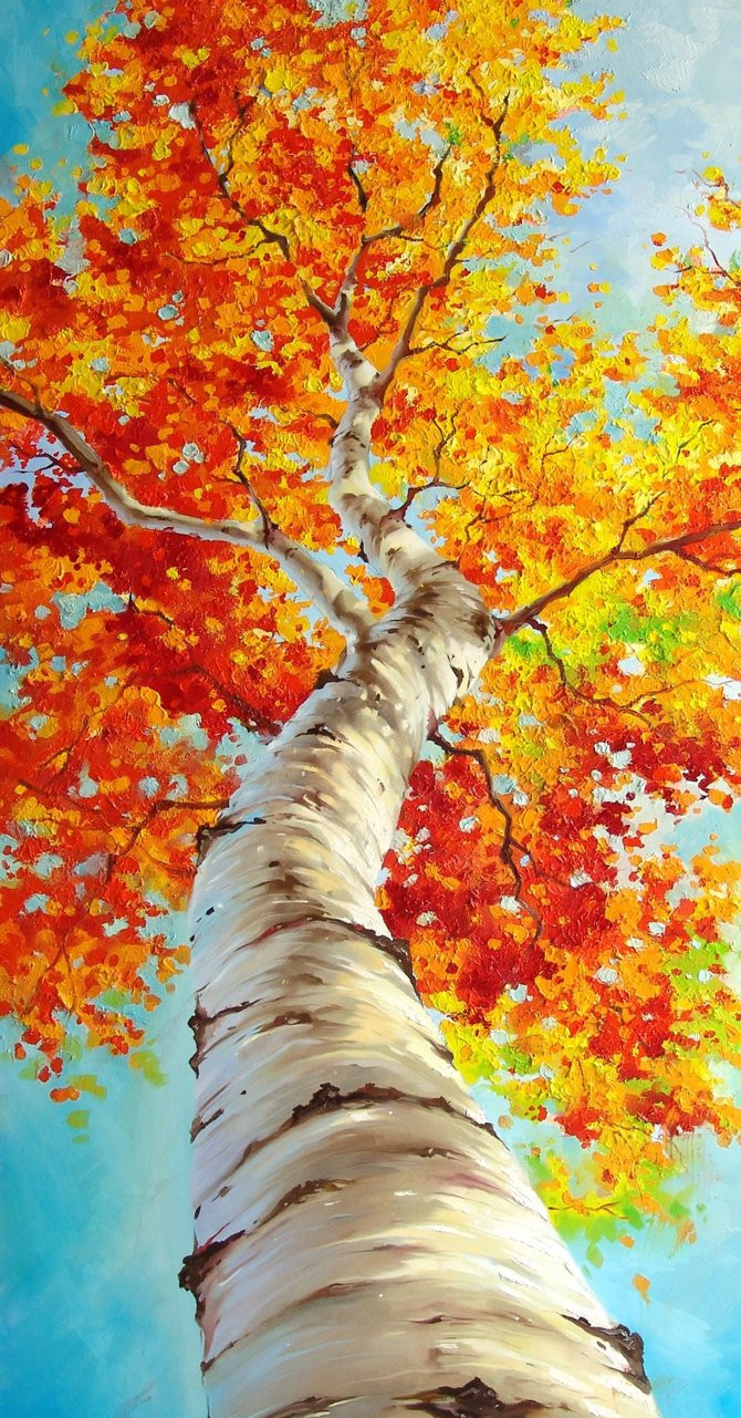 激情的色彩,独特的构图,美极了的白桦林油画