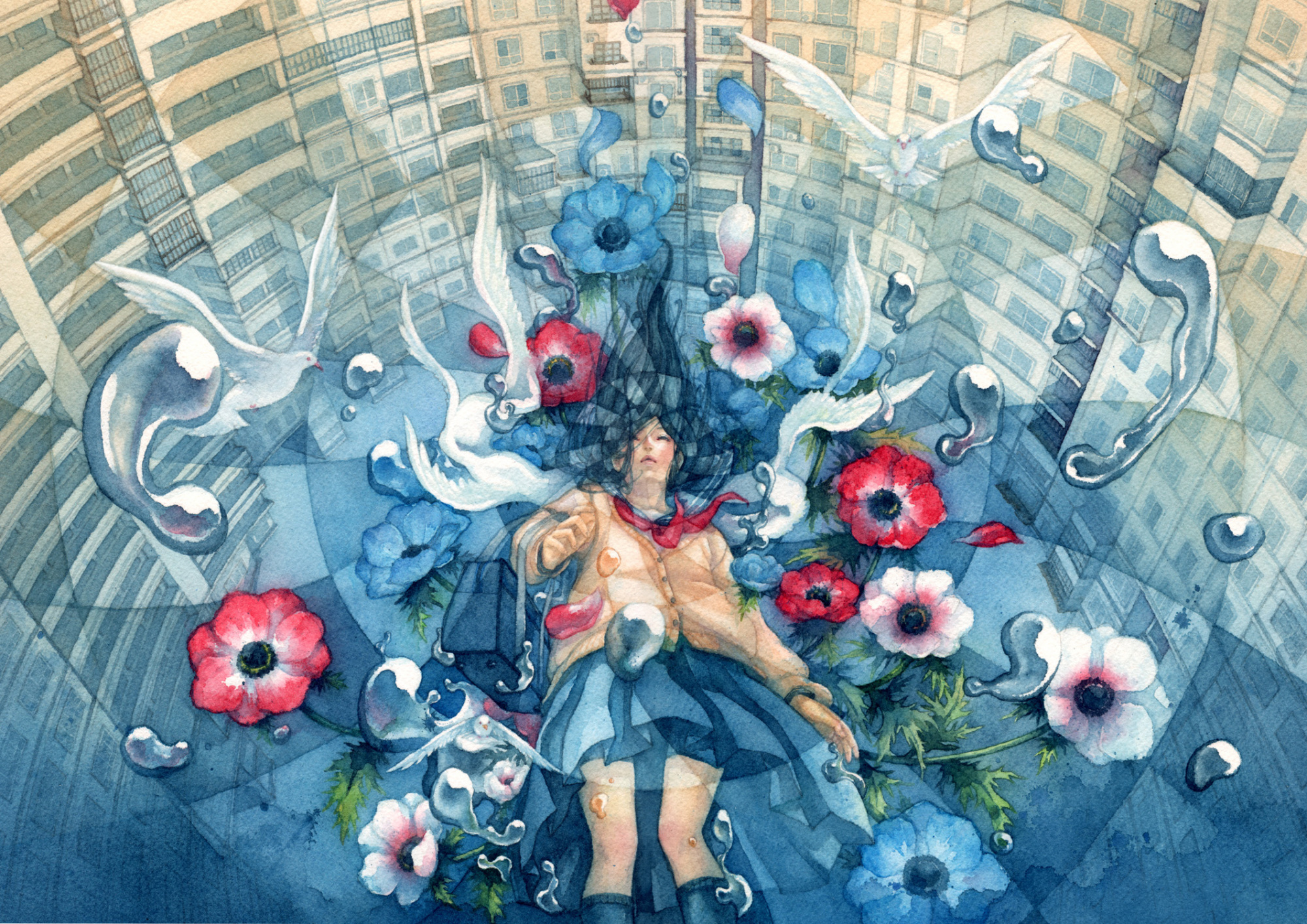 日本插画师"朱华"手绘水彩人物插画欣赏!画面唯美十分有艺术感