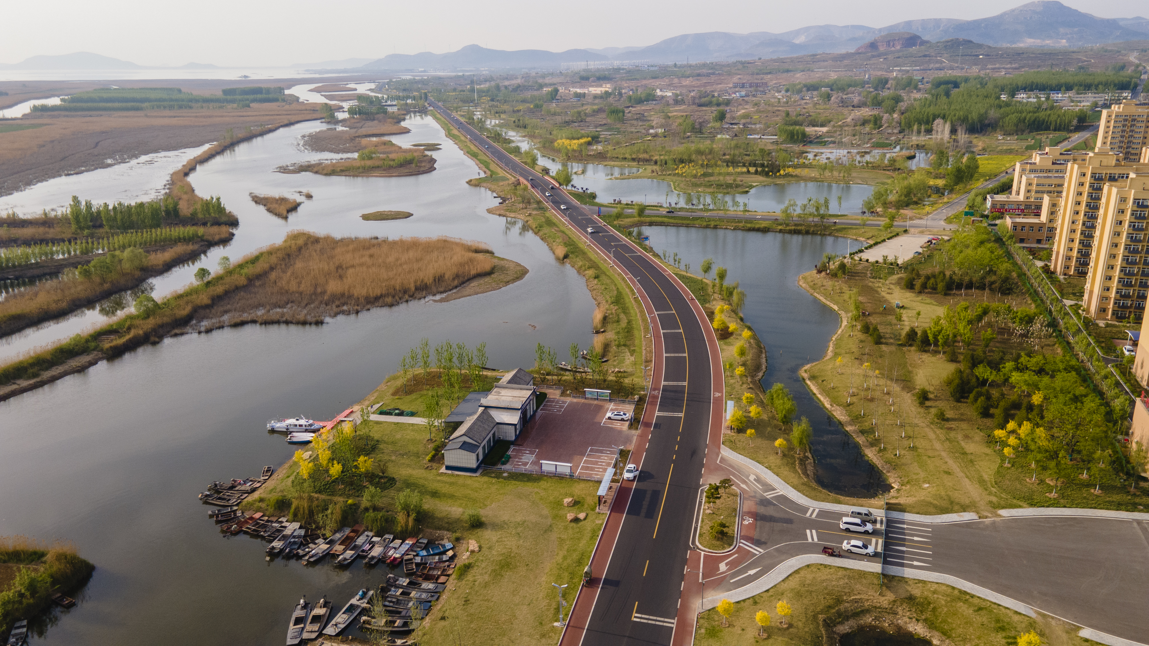 泰安东平|航拍东平湖滨湖大道,湿地码头,古镇码头