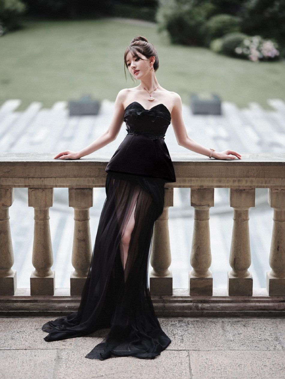 组图:赵露思黑色抹胸纱裙秀长腿美背 丸子头盘发优雅似古堡公主