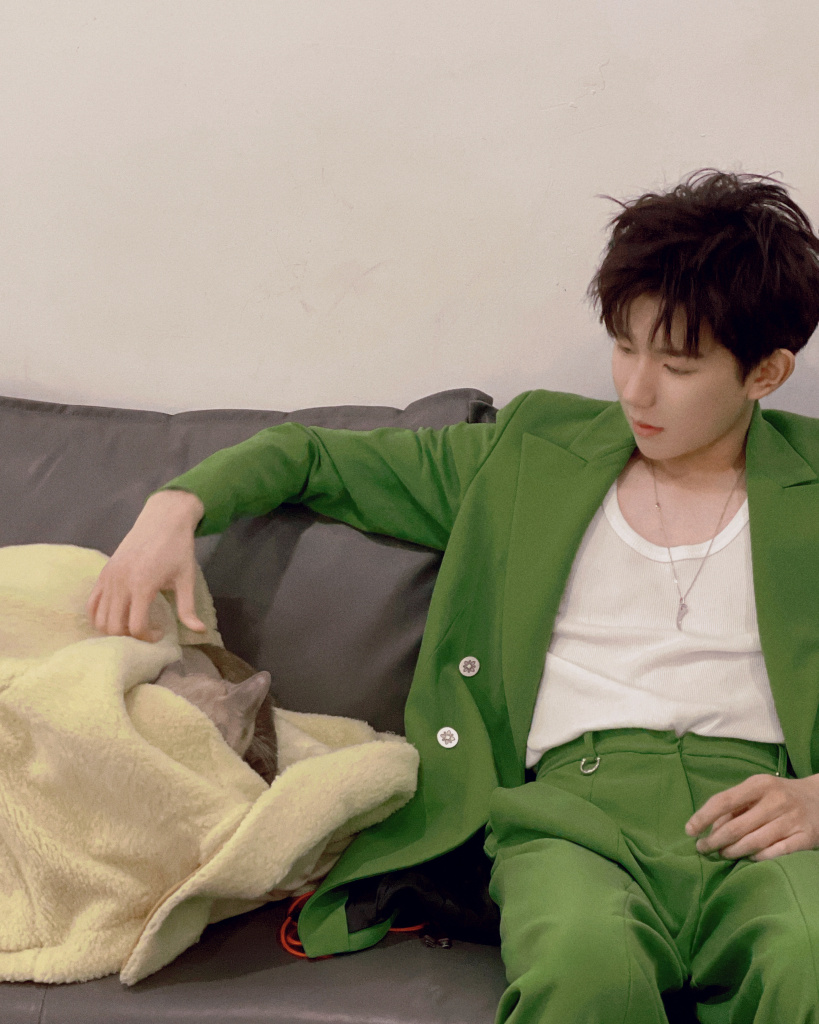 王源晒"吸猫"随拍 穿绿色西装套装出镜