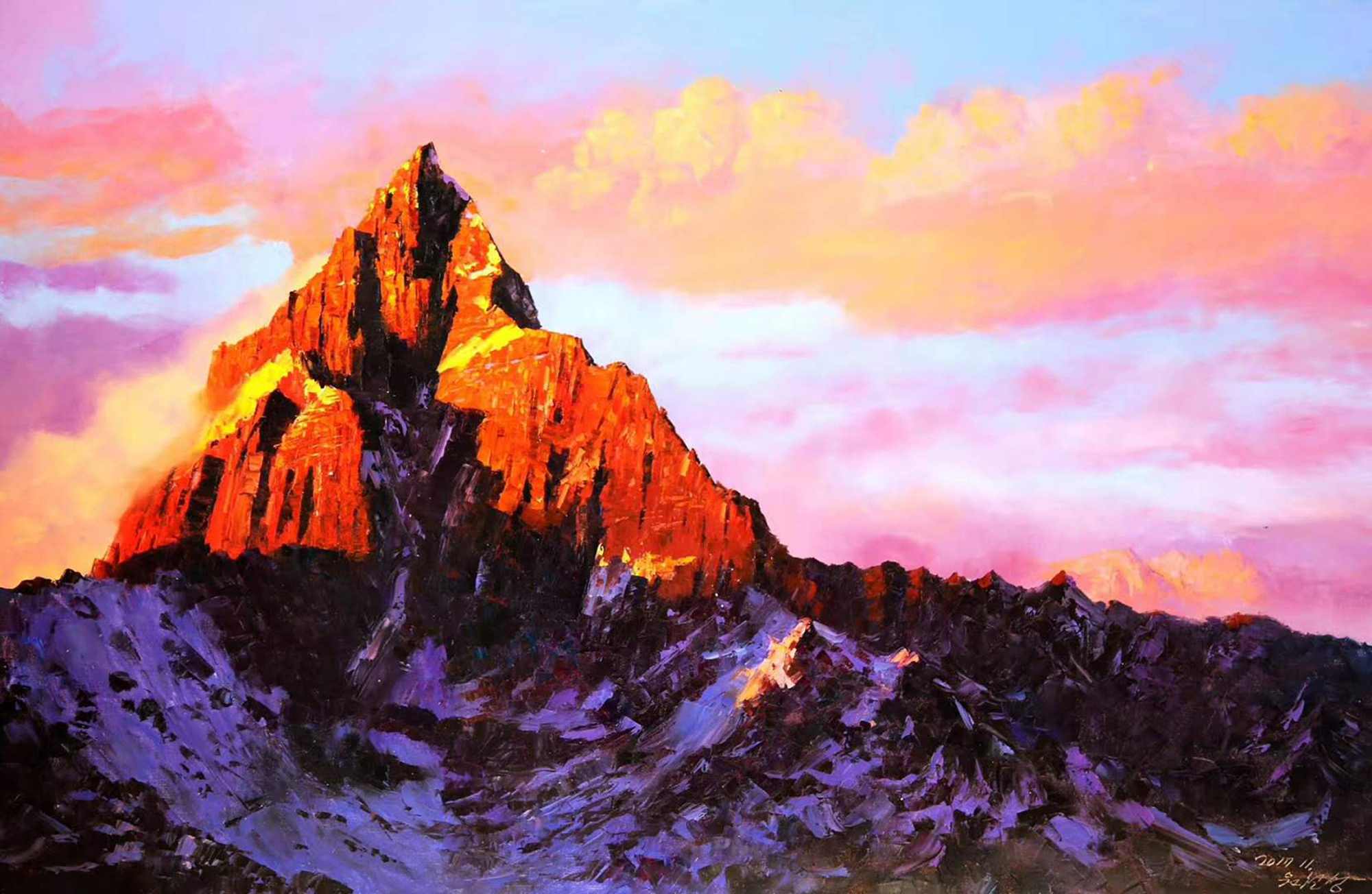 油画,风景画,红云映雪