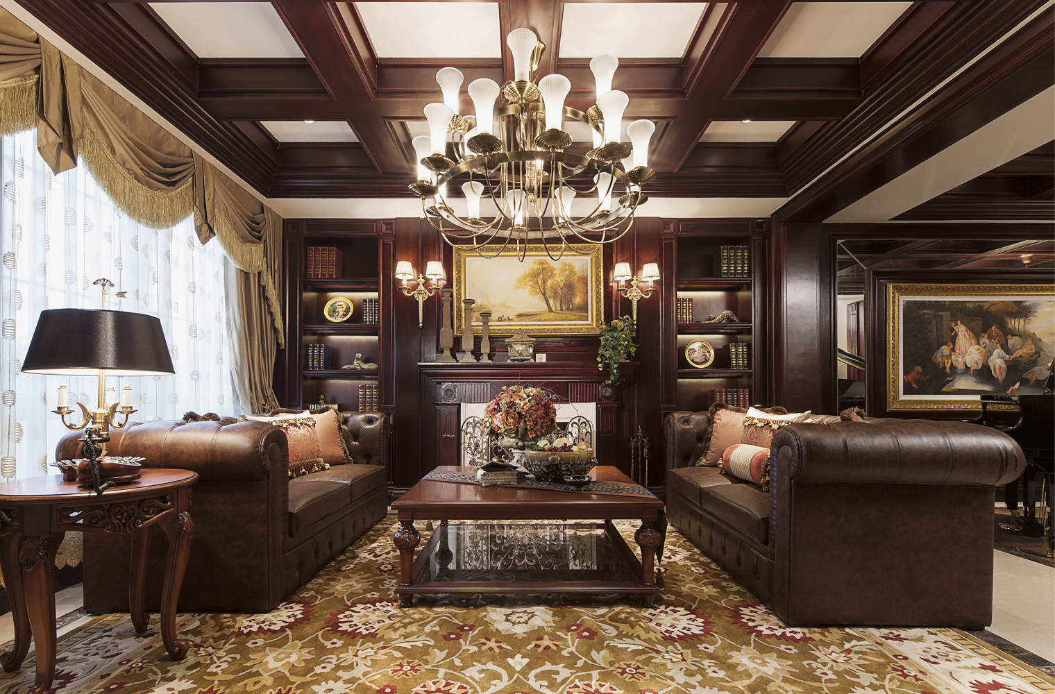 绿港装饰 暗红色华丽的 美式古典风格 别墅案例