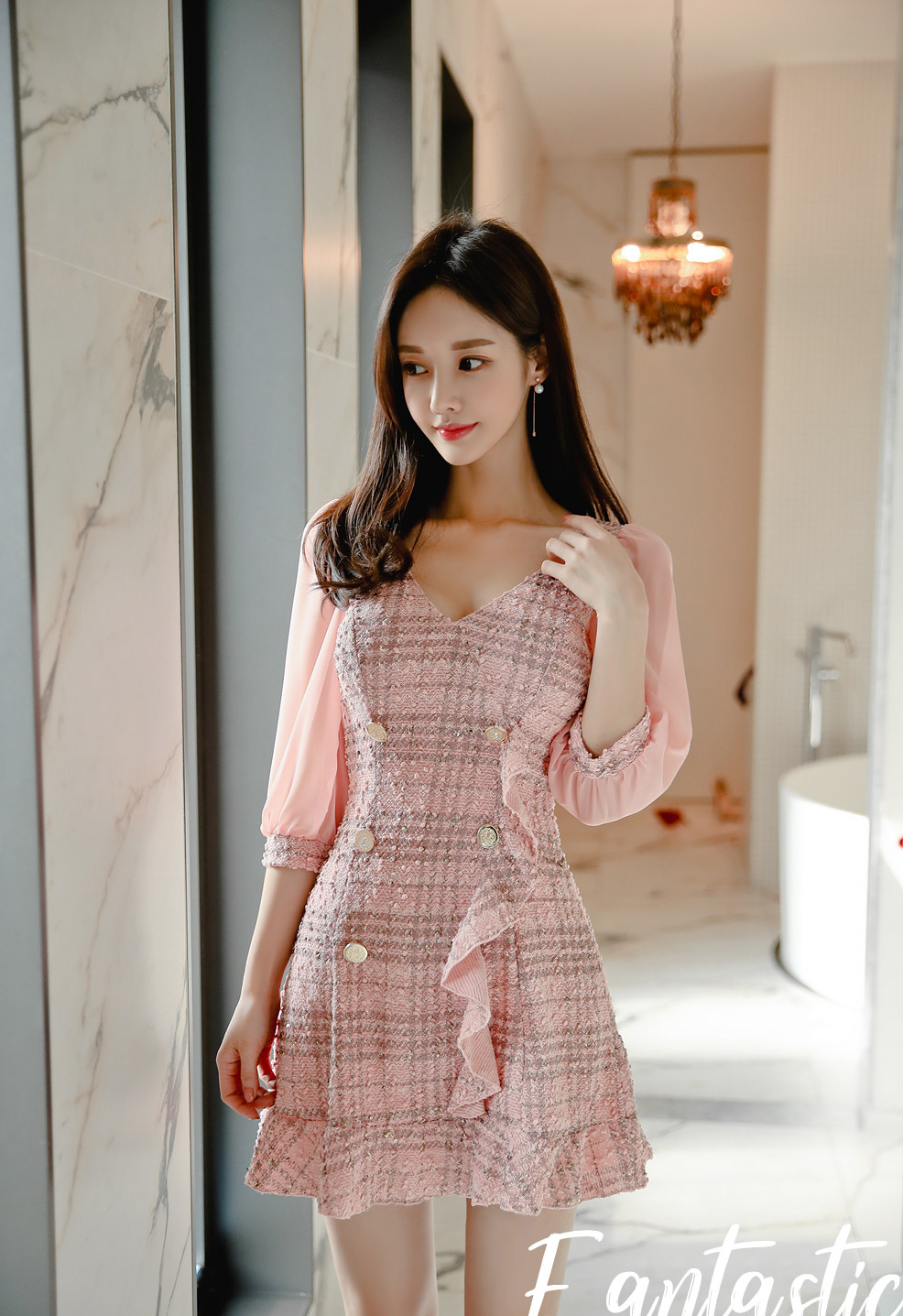 韩国模特孙允珠韩版粉色轻纱袖拼接粉色格纹v领连衣裙网拍
