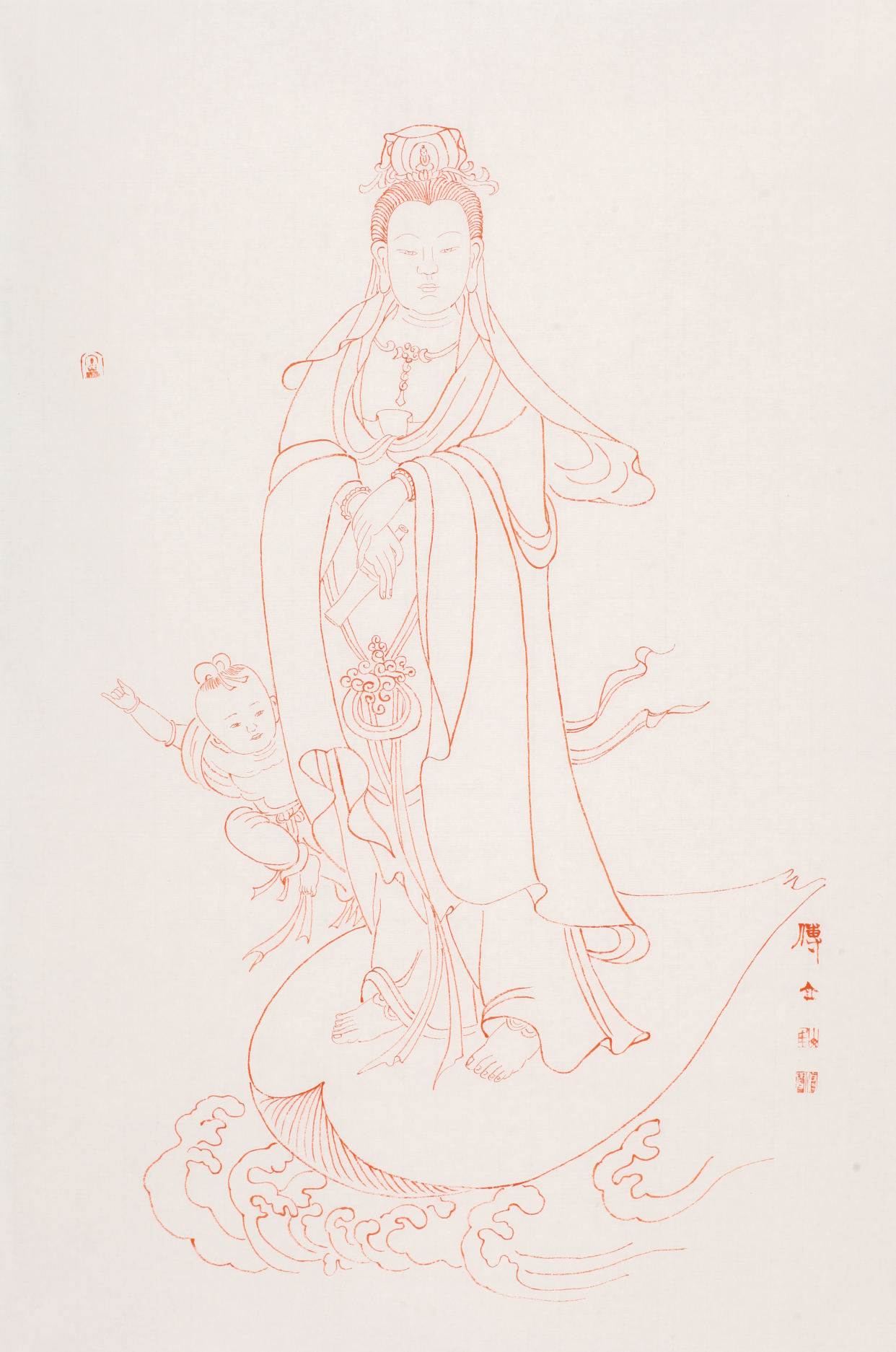 崔修闻朱砂白描观音圣像