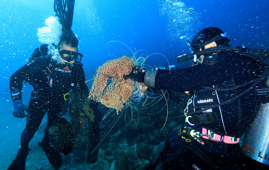 韩国济州潜水员清理海洋垃圾 保护生态环境