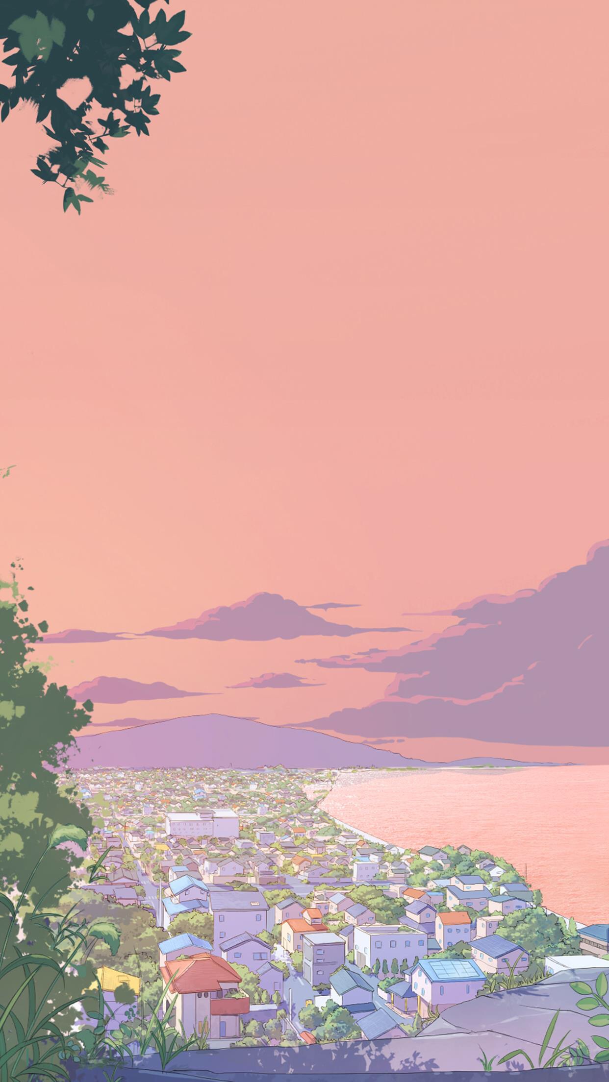 一组非常干净的插画壁纸,海边小城