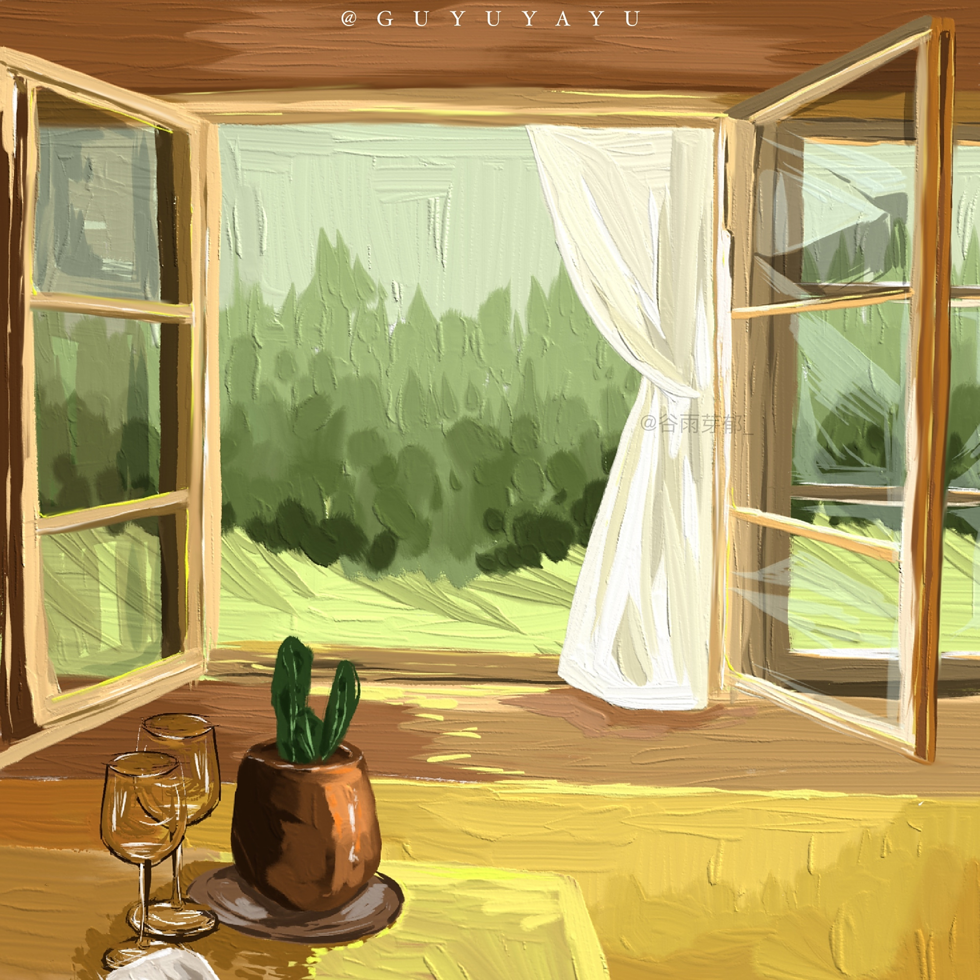 超治愈的油画风美景插画,朋友圈背景图