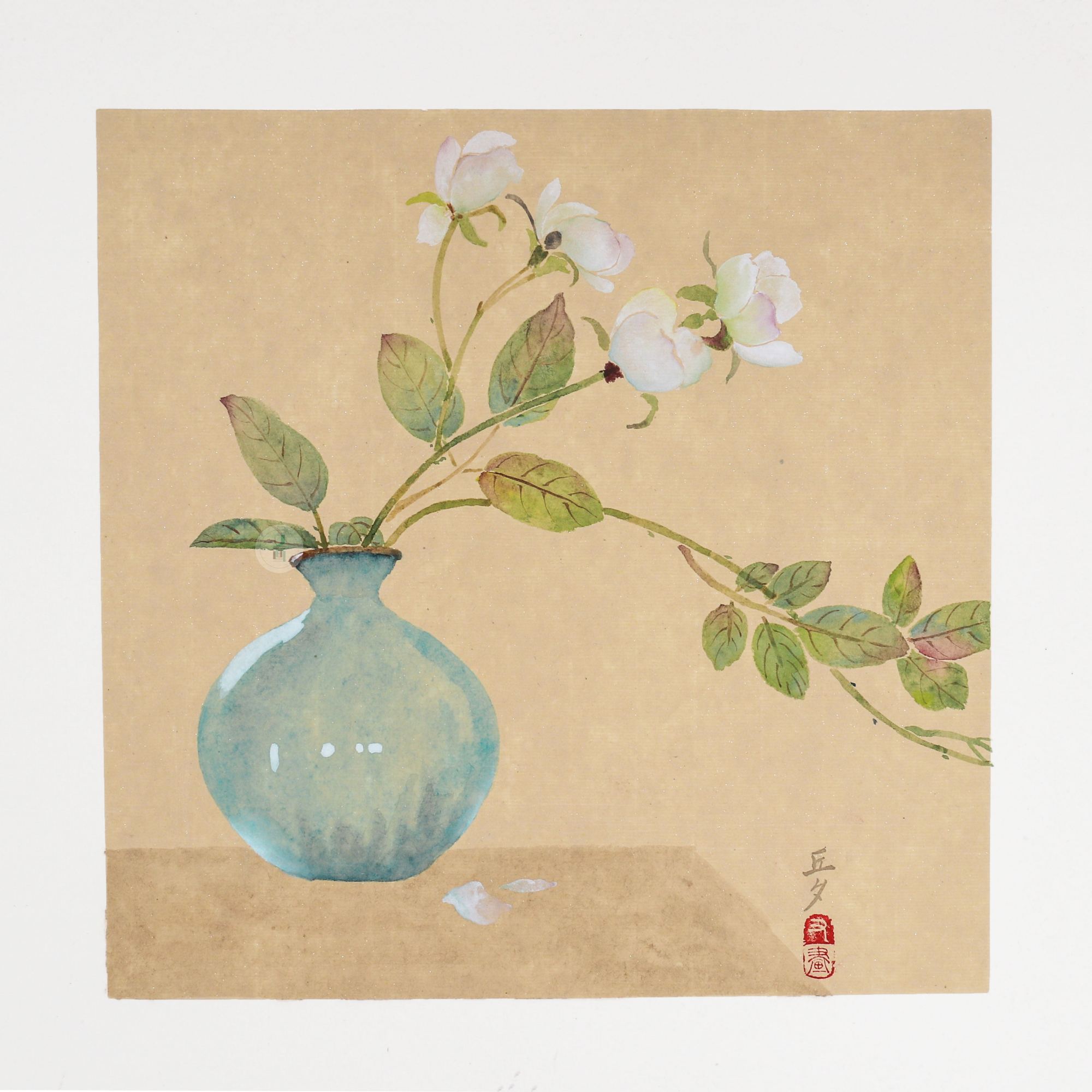 国画 蓝色瓶花盆栽绘画过程