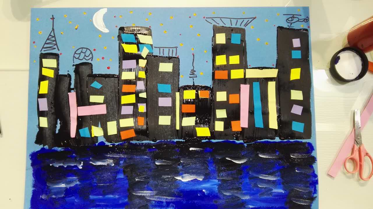儿童创意美术教学:滨江城市夜色风景画