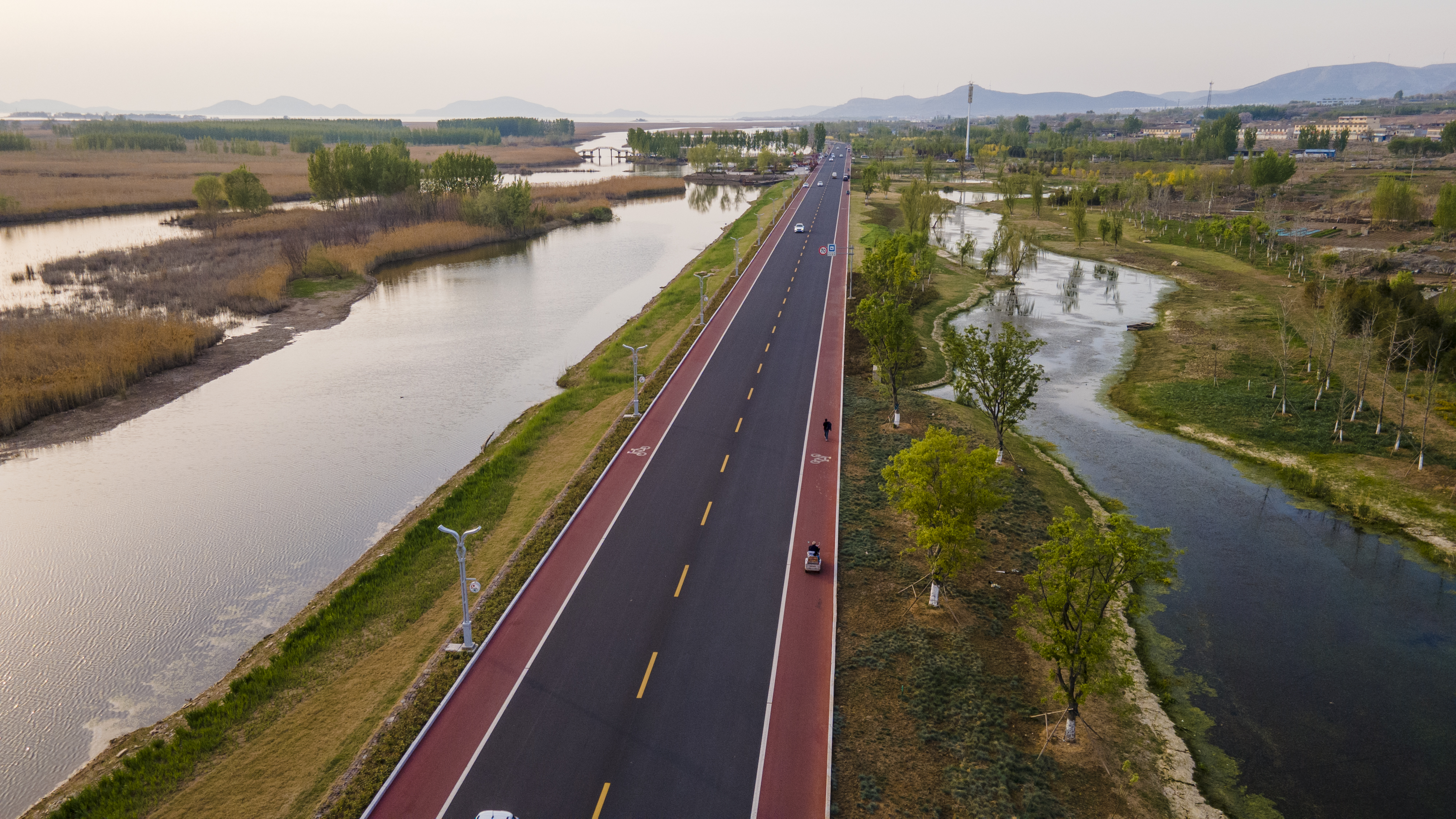 泰安东平|航拍东平湖滨湖大道,湿地码头,古镇码头