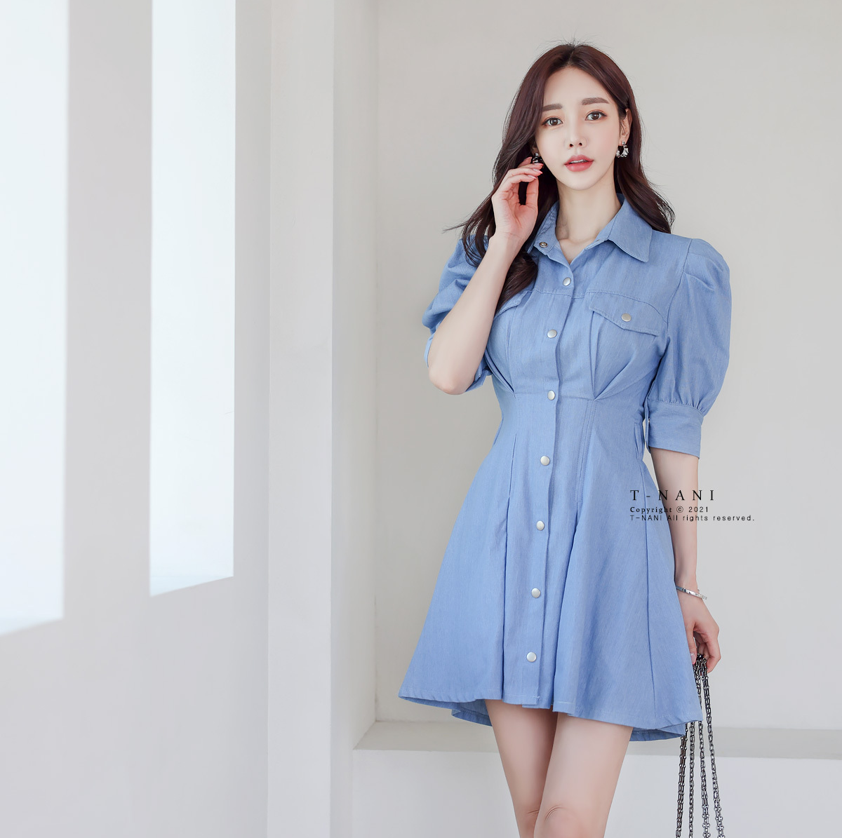 长岛冰茶都会曦蓝褶皱衬衣裙