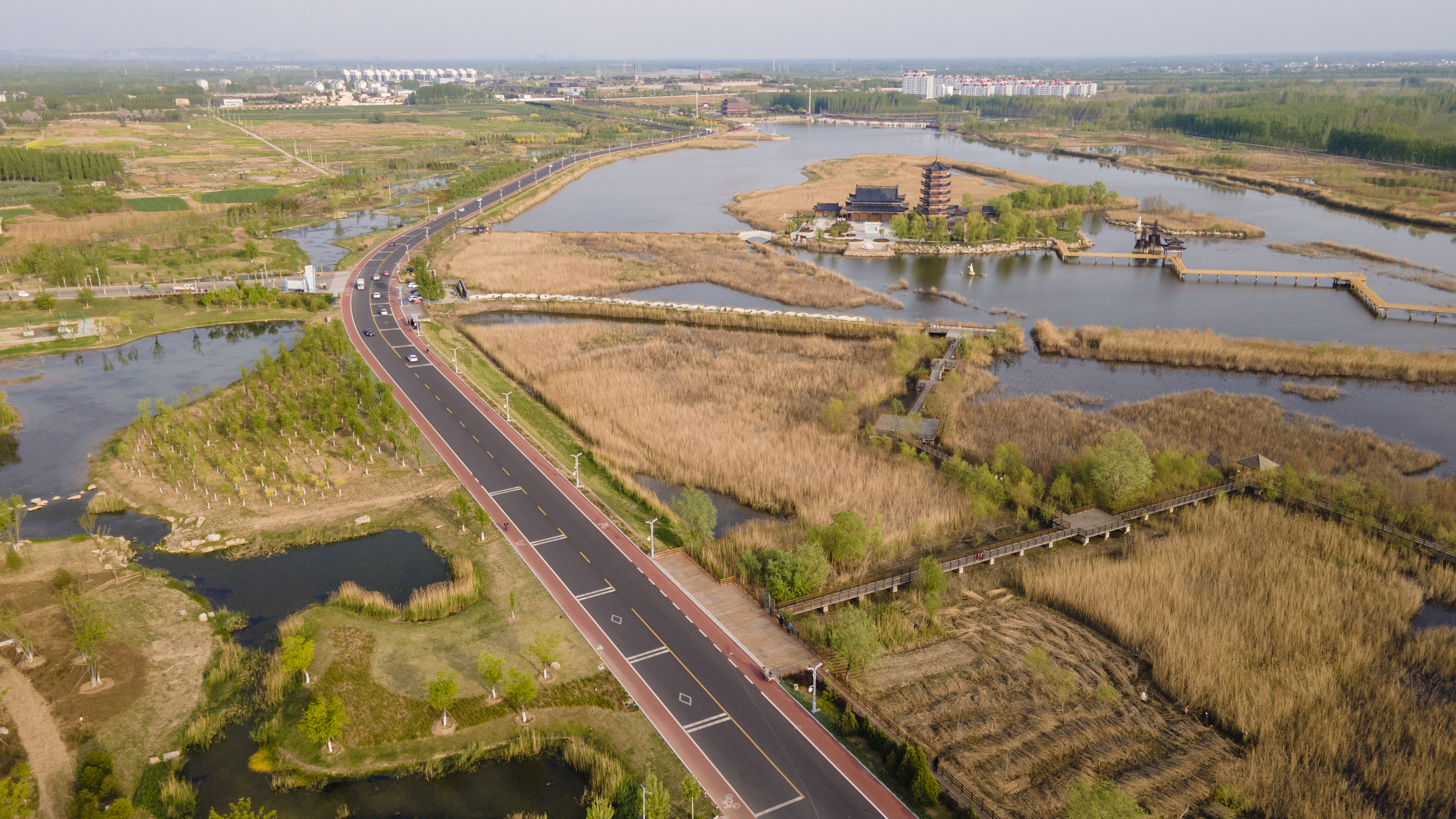 泰安东平|航拍东平湖滨湖大道,湿地码头,古镇码头