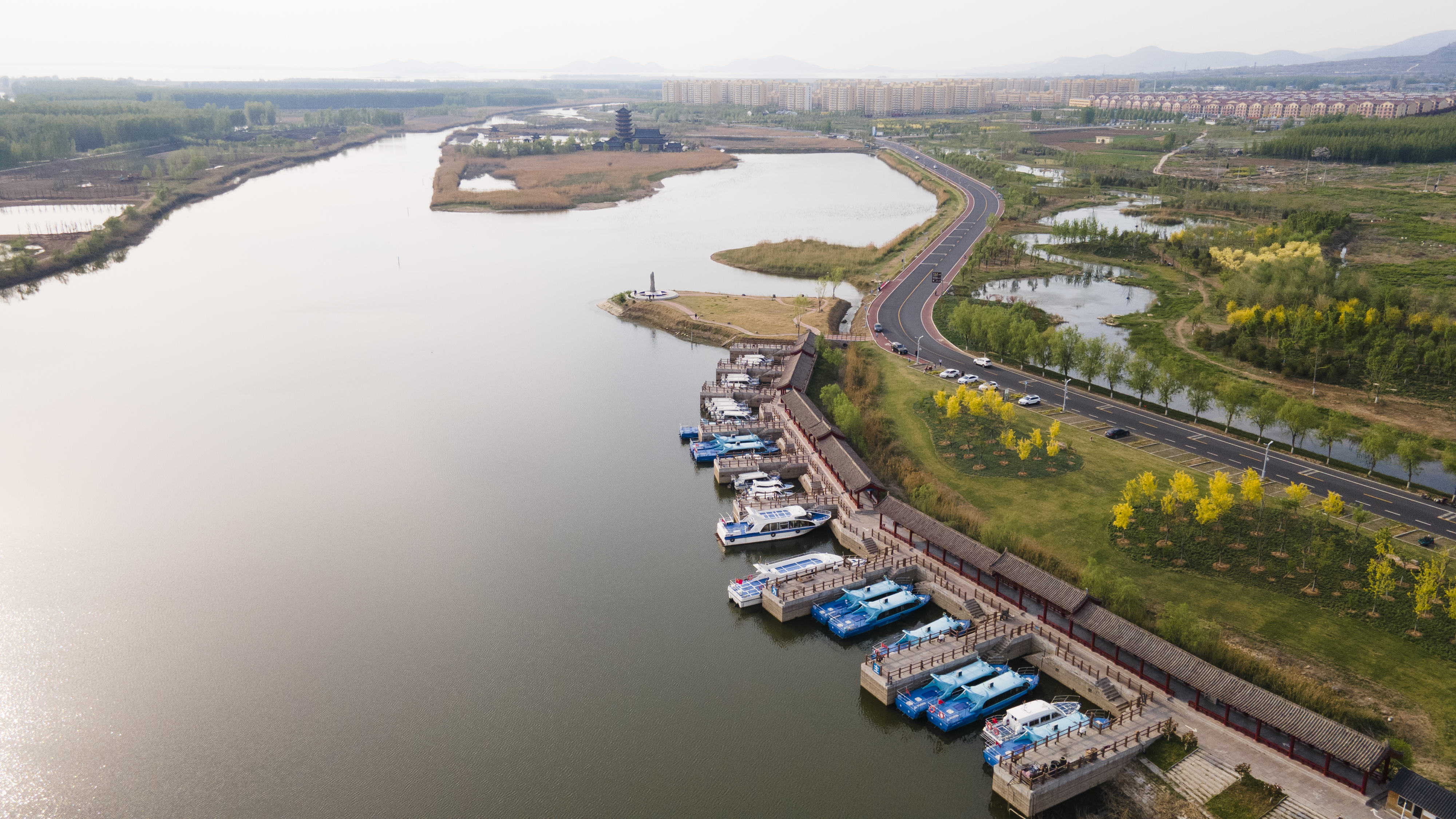 泰安东平|航拍东平湖滨湖大道,湿地码头,古镇码头