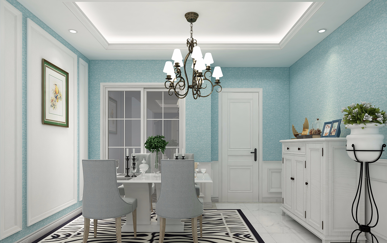 硅藻泥三室美式装修 晴空蓝电视背景墙