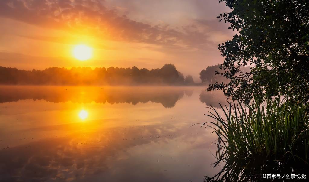 落日山水"草满池塘水满陂,山衔落日浸寒漪"