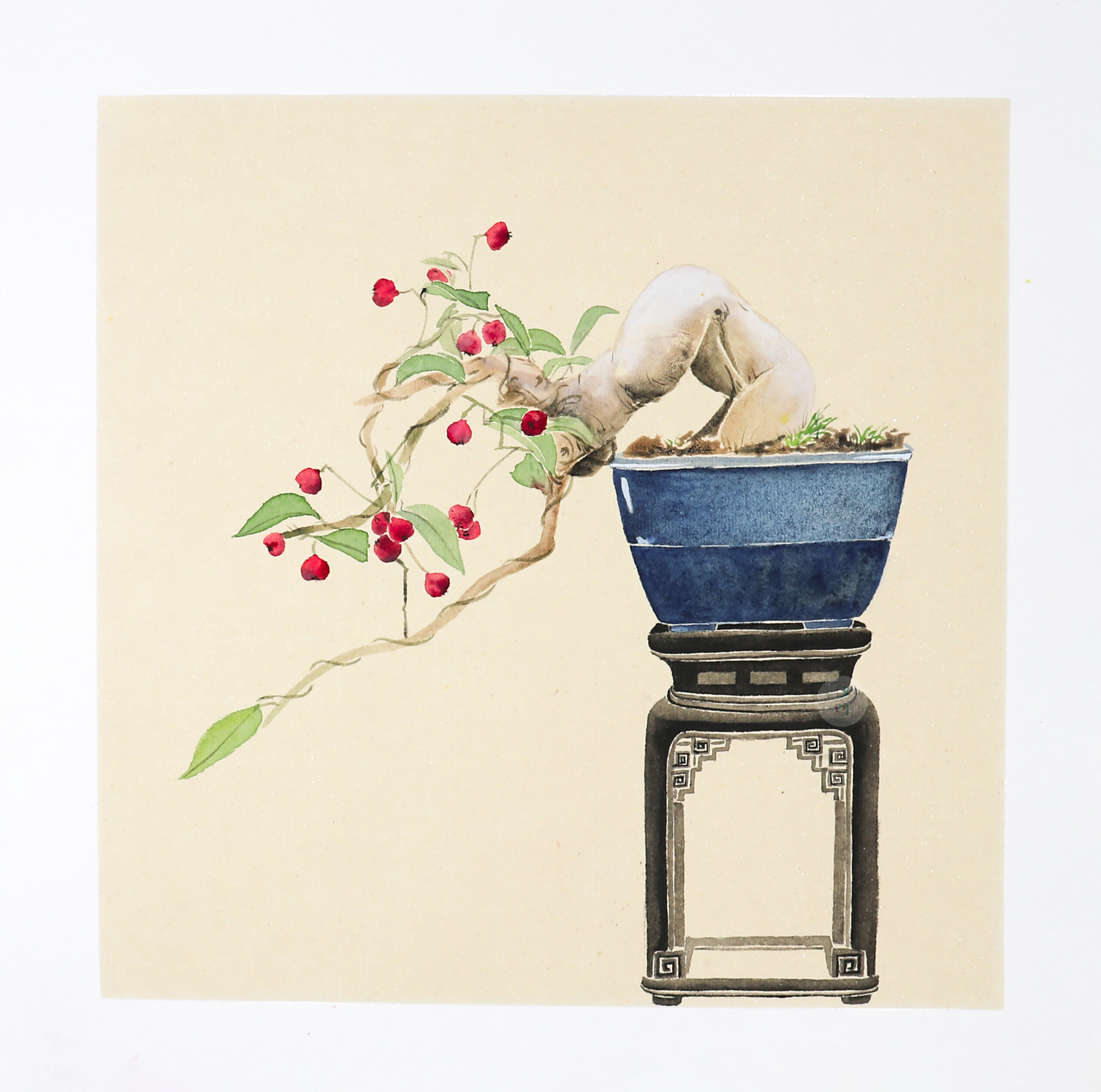 国画 蓝色盆栽绘画过程