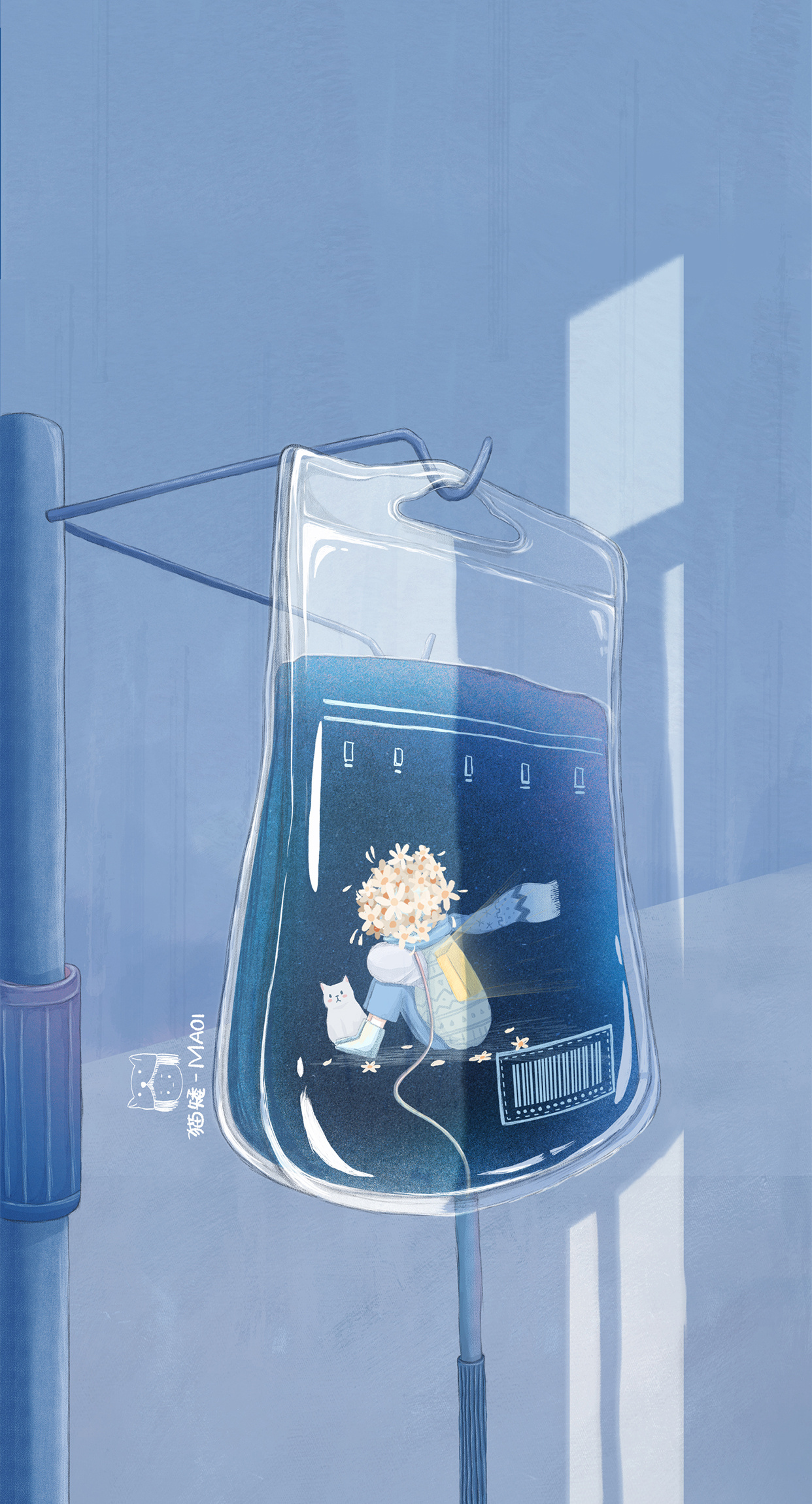 猫矮治愈手绘壁纸(5),简单清新蓝色系插画